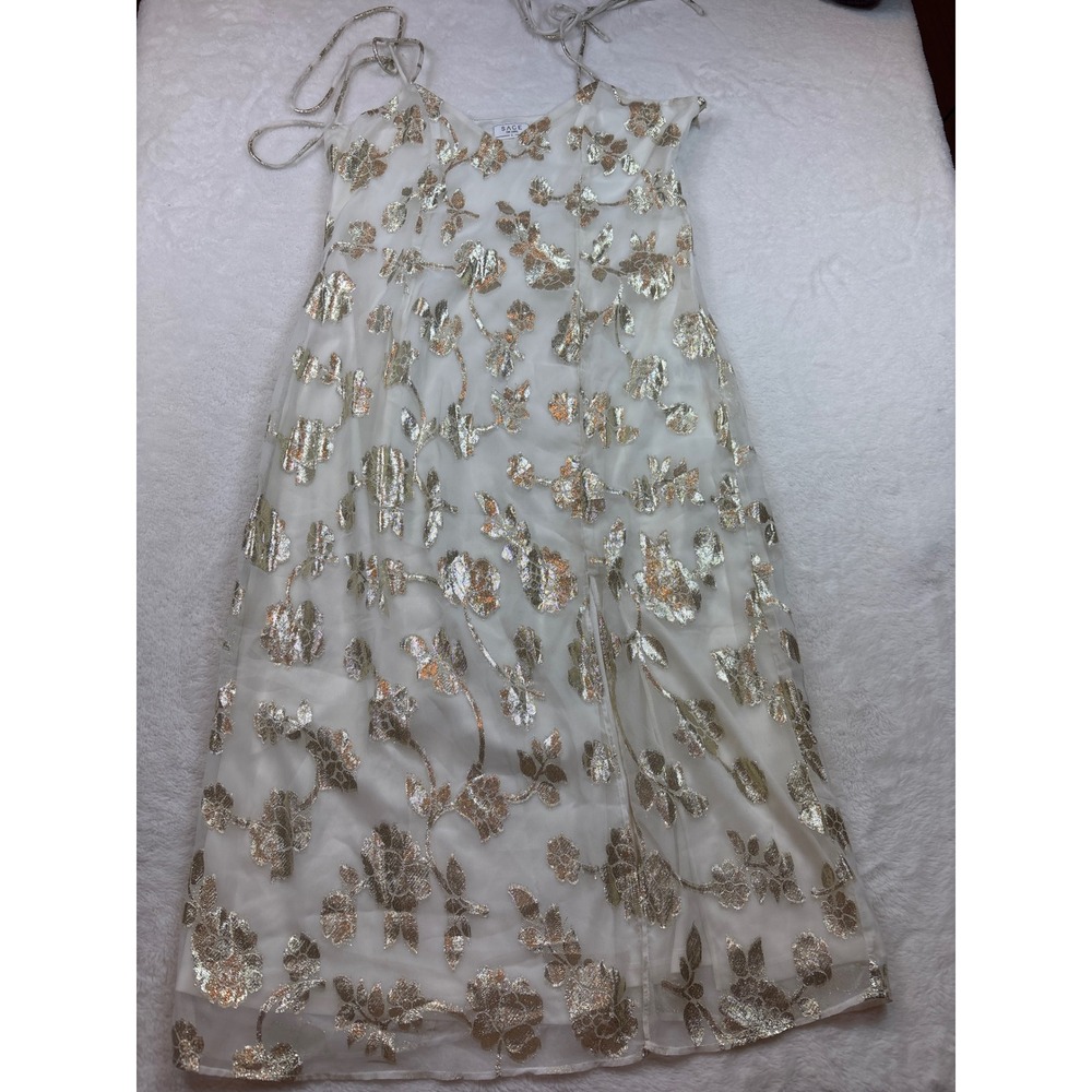 Sage The Label Gold Metallic Floral Midi Dress White V-Neck Tie Strap Large